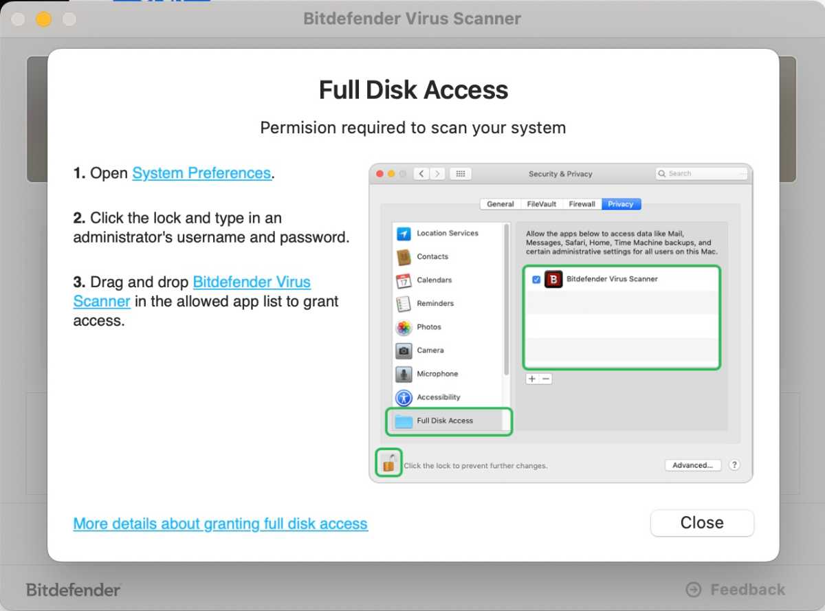 Assigning full disk access in the Bitdefender Virus Scanner installation